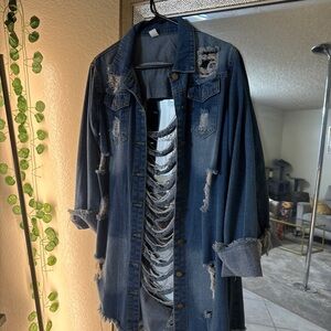 Distressed Denim Jacket with Cutout Back